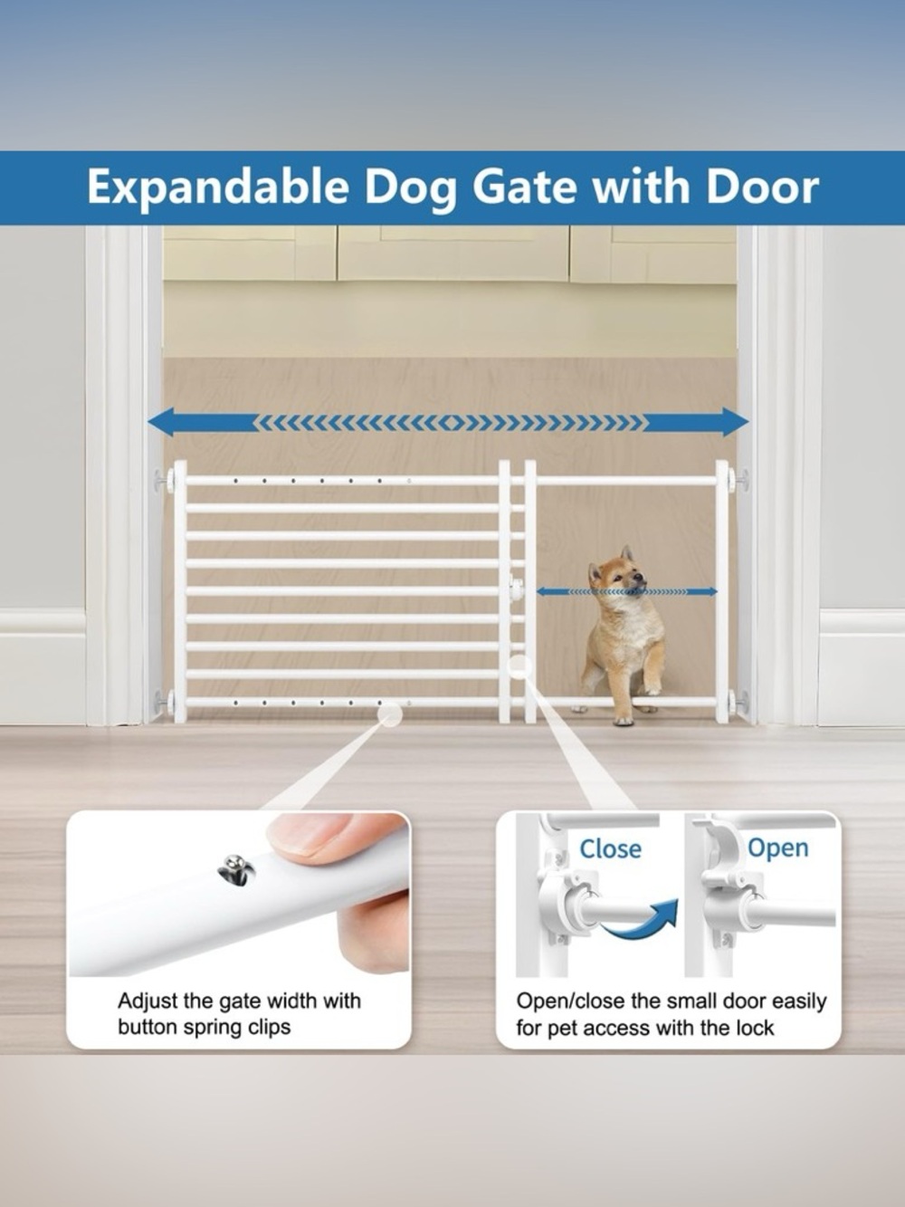 New Adjustable White Metal Pet Safety Gate - wide / Expandable Pressure Mount